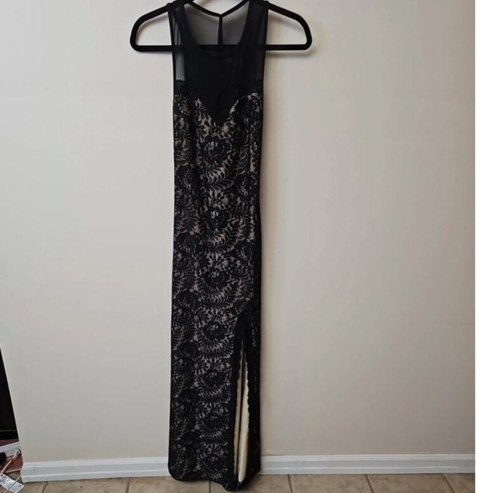 Miusol Black Lace Formal Dress Size S Low Back High Slit Evening Gown Prom Party